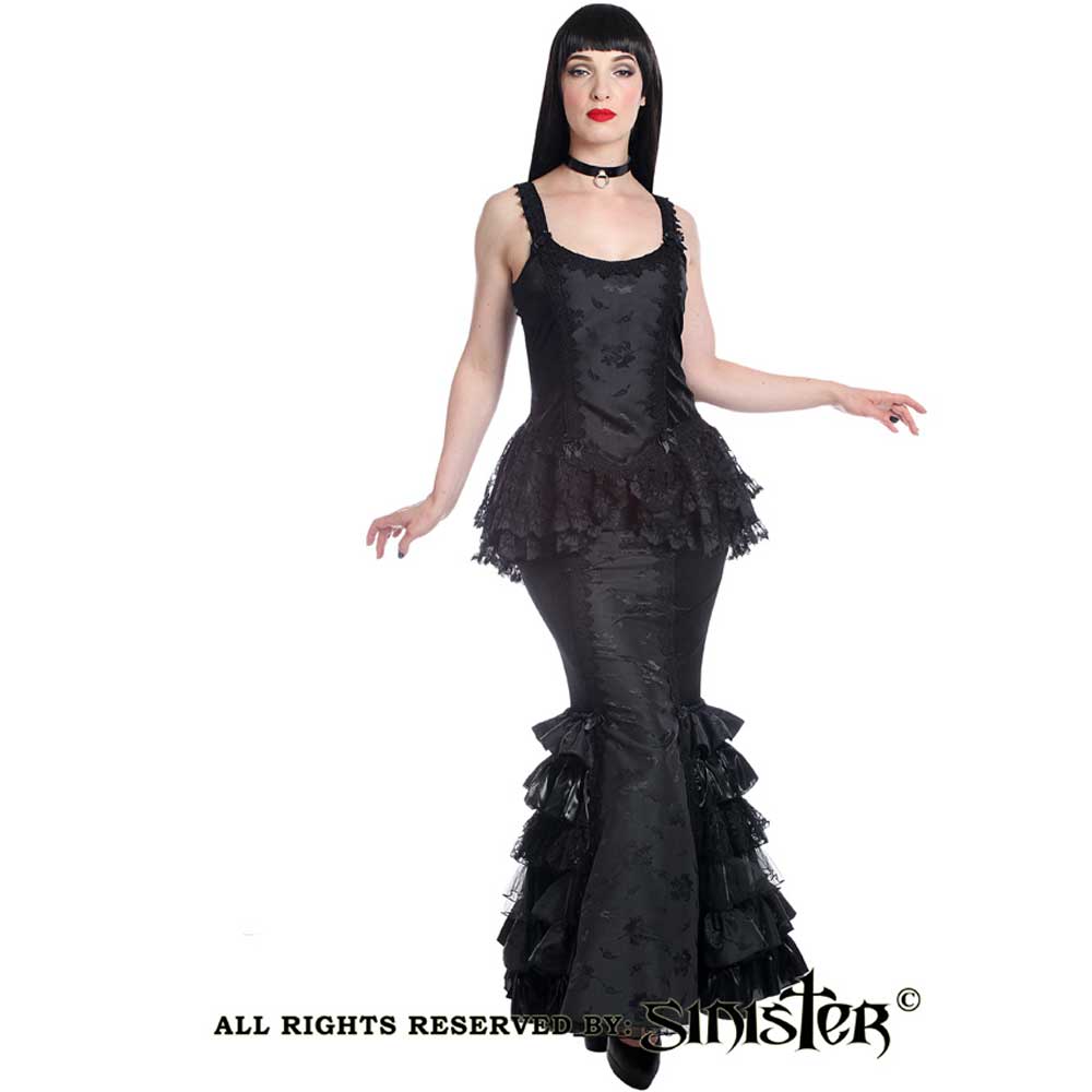 Sinister Sinister Lange rok 918 Zwart | Attitude Holland Morticia victoriaans gothic jas in zwart kant met zilver